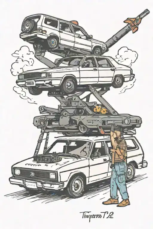 only a transporter t2 and a pipe wrench on the roof of the car with a road under the car tattoo design idea