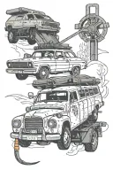 only a transporter t2 and a pipe wrench on the roof of the car with a road under the car tattoo design idea