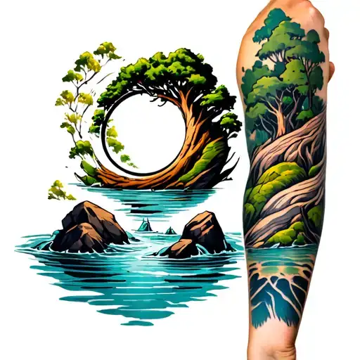 water wrapping forearm with an open enso circle around the point of the elbow. rocks through the water and a tree tattoo design idea
