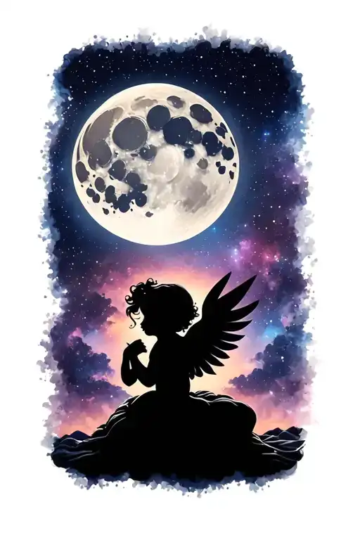 waxing gibbous moon with one tiny cherub baby girl silhouette in the galaxy tattoo design idea