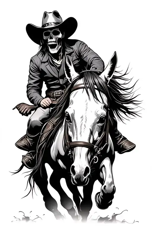 cowboy with death face riding a horse galloping tattoo design idea