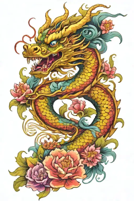 Chinese dragon with flowers tattoo design idea
