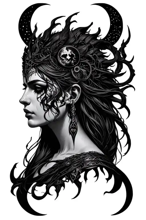Dark goddess Hecate portrait with triple moon symbol tattoo design idea