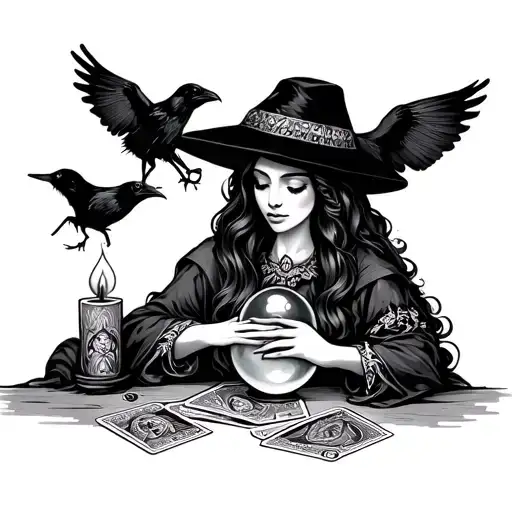 beautiful fortune teller with tarot cards, crystal ball, candle and raven and rat in the background  tattoo design idea