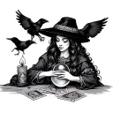 beautiful fortune teller with tarot cards, crystal ball, candle and raven and rat in the background  tattoo design idea