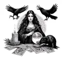 beautiful fortune teller with tarot cards, crystal ball, candle and raven and rat in the background  tattoo design idea