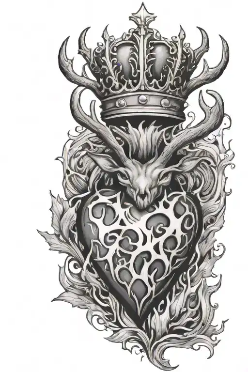 a heart on fire with antlers and a crown  tattoo design idea