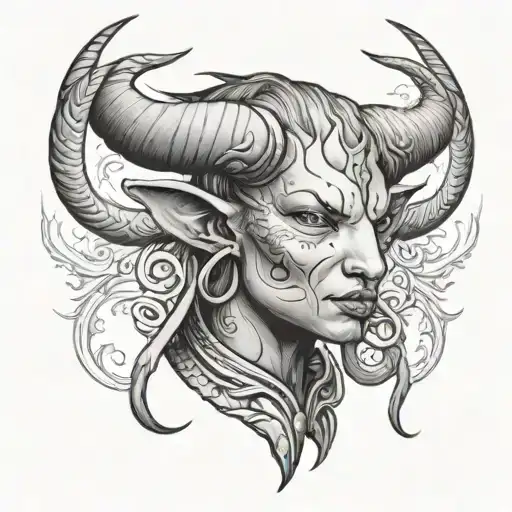a womens face tattoo with bull horns bahamut head tattoo design idea