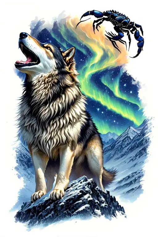 full length wolf howling on the top of the mountain, with aurora borealis and scorpion constellation background tattoo design idea