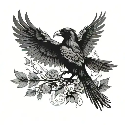 Crow with outstretched wings, dynamic posture and a golden laurel wreath on its head tattoo design idea