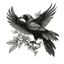 Crow with outstretched wings, dynamic posture and a golden laurel wreath on its head tattoo design idea
