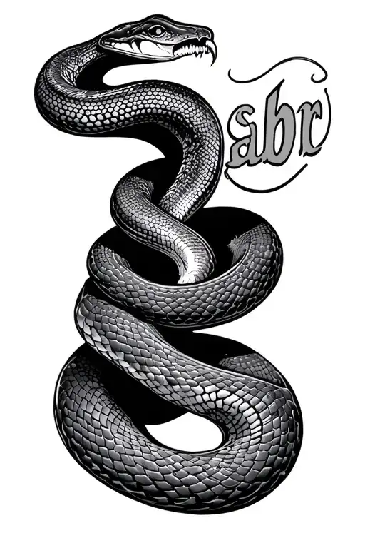 vertical snake slithering upwards with "sabr" written at the top of its mouth tattoo design idea