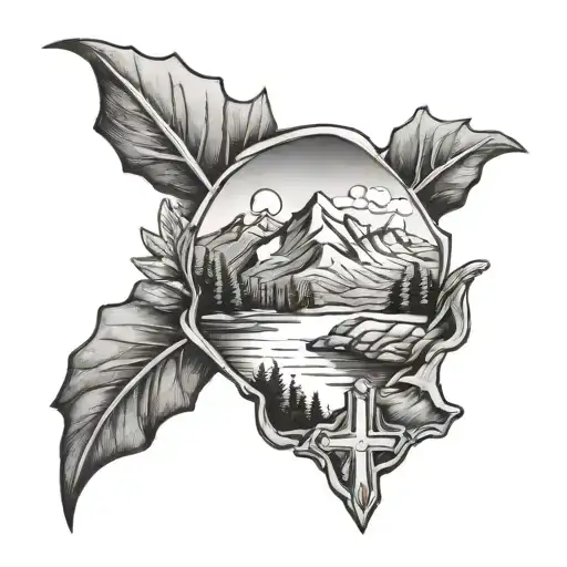 Cross with mountains and trees with river flowing tattoo design idea