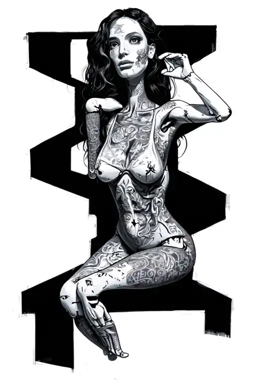 full body marionette puppet of the female personification of substance abuse tattoo design idea