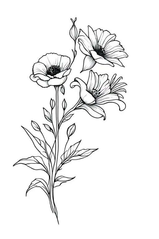 fine line vine with poppy, lilies, and chrysanthemum tattoo design idea