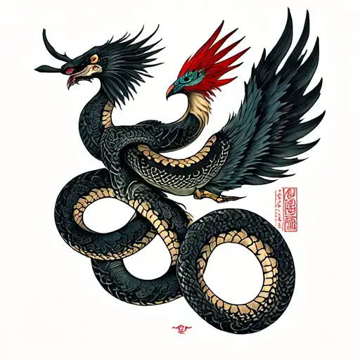 phoenix and snake intertwined tattoo design idea