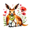 Kiwi Bird and kangaroo hugging with poppy flower and heart tattoo design idea