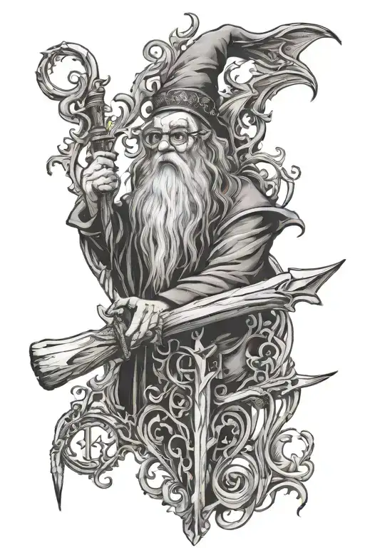 Dumbledore wand casting a spell integrated Sign of the Deathly Hallows tattoo design idea