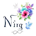 I want the name Ning with a dove, paw print turquoise hibiscus blue tulip purple and pink roses with infinity  tattoo design idea