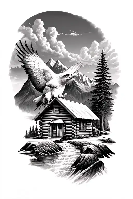 mountain scene creek log cabin bald eagle clouds tattoo design idea