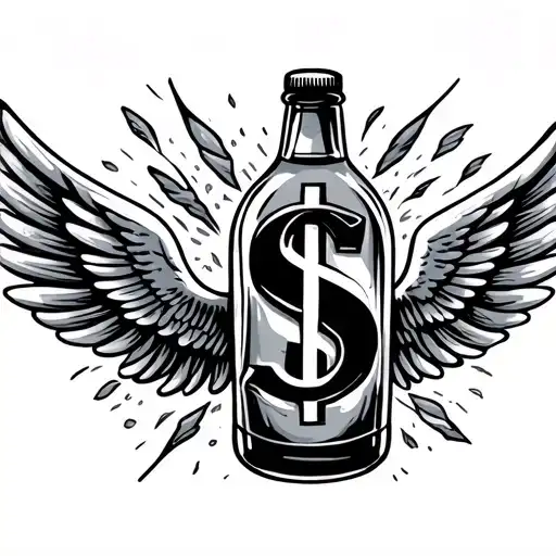 dollar sign with thin bottle if alcohol with wings tattoo design idea