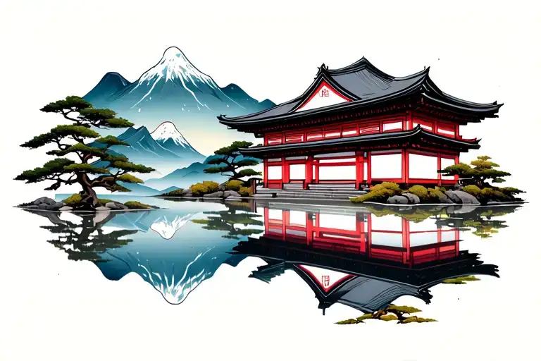 Japanese building and gate up in the mountains reflected tattoo design idea