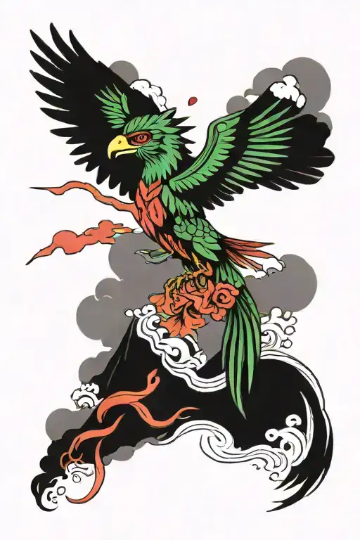quetzal, lake, volcano together tattoo design idea