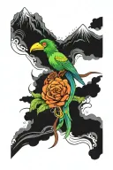 quetzal, lake, volcano together tattoo design idea
