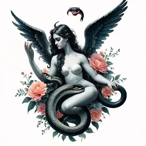 woman angel fighting snake that is devil sourounded by flowers tattoo design idea