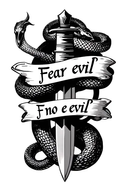 Dagger with snake coiling it and words saying "fear no evil". tattoo design idea