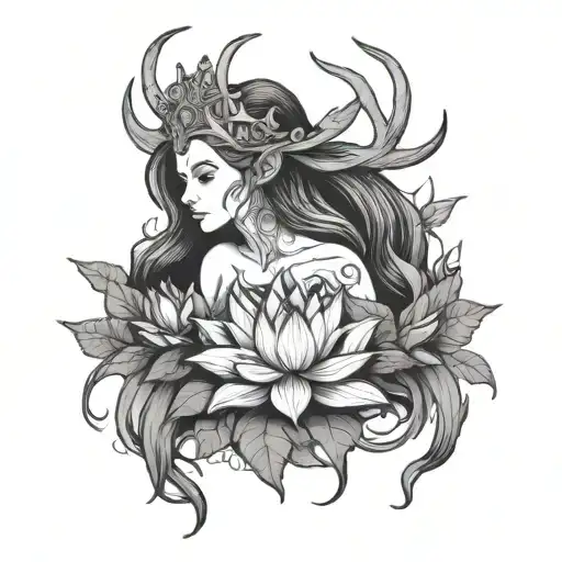 Gaia or similar personification of Mother Nature holding geometric lotus. antler crown and hair weaved with nature tattoo design idea