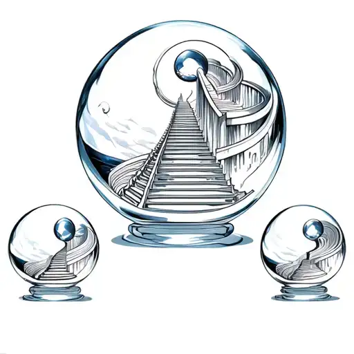 3 Labyrinth movie style crystal balls with the middle one containing an MC Escher style staircase.  tattoo design idea