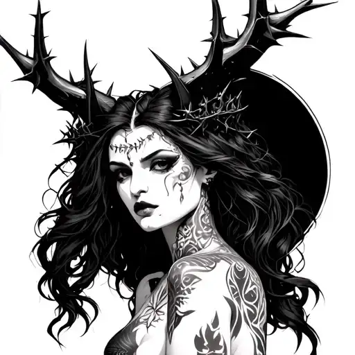 gothic nude demon woman with piercings and tattoos and thorn crown tattoo design idea