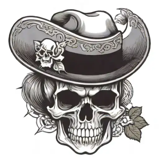 A front facing skull witha  cowboy hat and a five leaf clover in the mouth with yin in the left eye and yang in the righ tattoo design idea