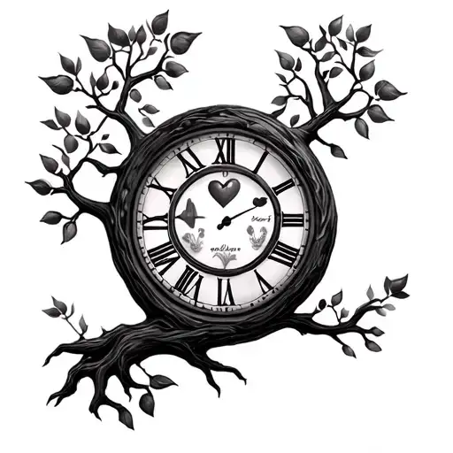 Tree of life with clock, heart rate and symbols symbolizing my family or 3 children (boys) tattoo design idea