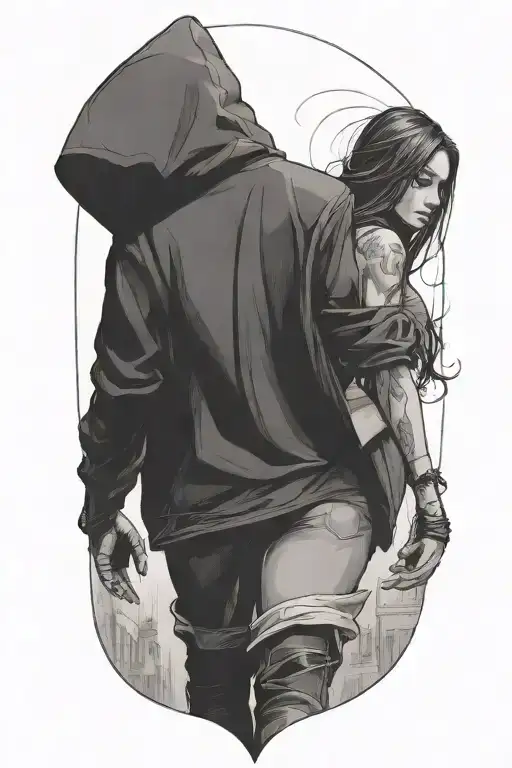 a huge black hooded figure ans a girl with her hands on his back walking away tattoo design idea