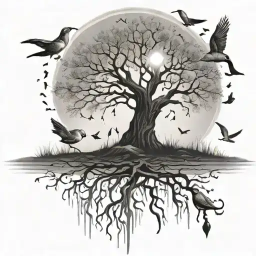 posion tree with starts and birds tattoo design idea