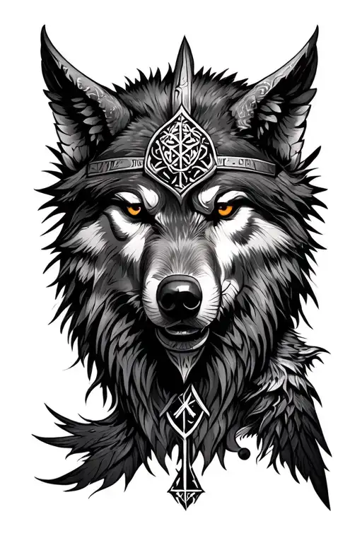 full arm viking theme wolf Odin raven and symbols tattoo design idea