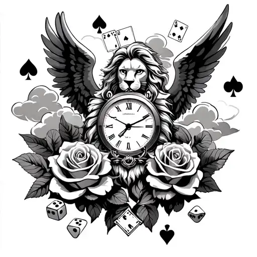 Arch angel, roses, dice, playing cards, clouds, time watch and lion head tattoo design idea