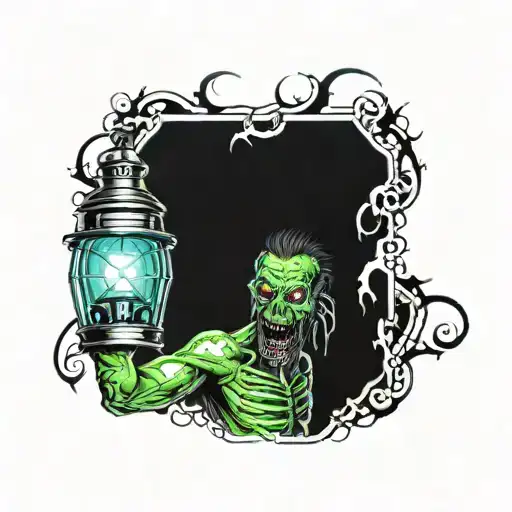 horror tattoo in the style of realism and graphics on the chest with a lantern in the hand of a zombie tattoo design idea