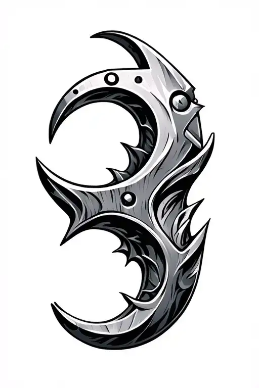 black + grey tattoo design of a realistic karambit knife, isolated, high-contrast steel texture, razor curve, clean silh tattoo design idea