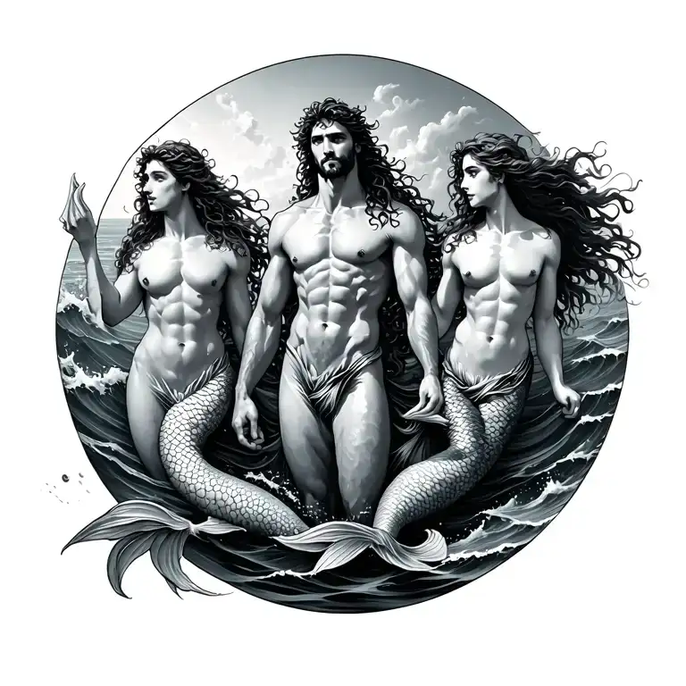 Poseidon with female mermaids in ocean waves tattoo design idea