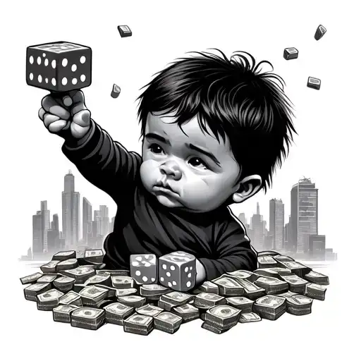 baby shooting dice in Detroit slums with money all around him. Concrete Jungle words. tattoo design idea