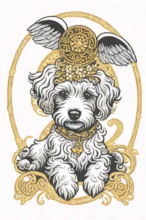 maltese poodle mix dog, white and creme dog hair, angel halo over the head, art noveau style, pastel colors tattoo design idea