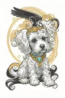 maltese poodle mix dog, white and creme dog hair, angel halo over the head, art noveau style, pastel colors tattoo design idea