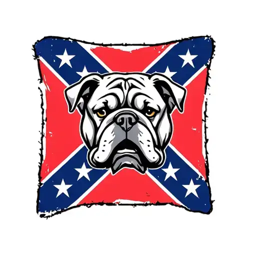 small  square red and blue confederate flag with bulldog head in center with border with american flag around it tattoo design idea