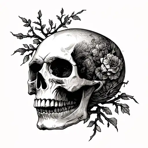 a skull , branché title  tattoo design idea
