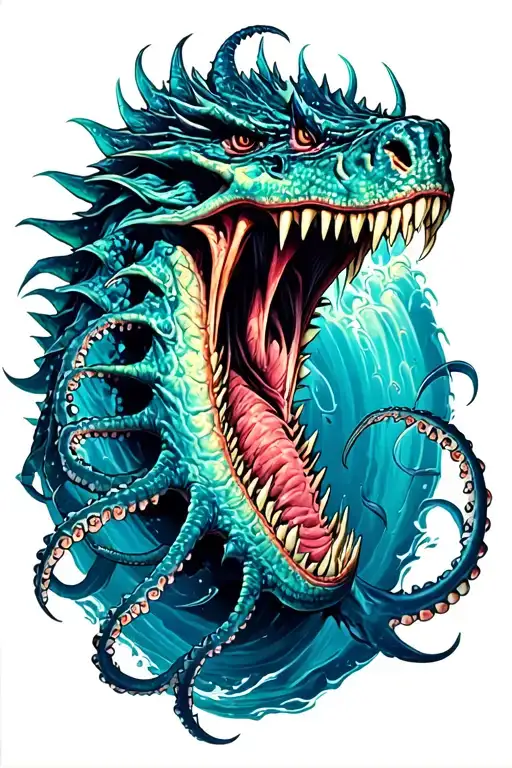 sea monsters fight with tentacles teeth claws tattoo design idea