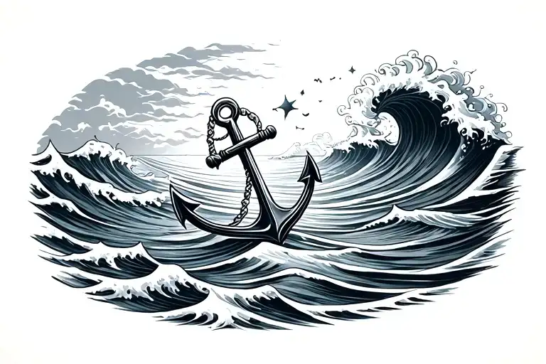waves and an anchor under the ocean stuck a little on the ocean floor tattoo design idea