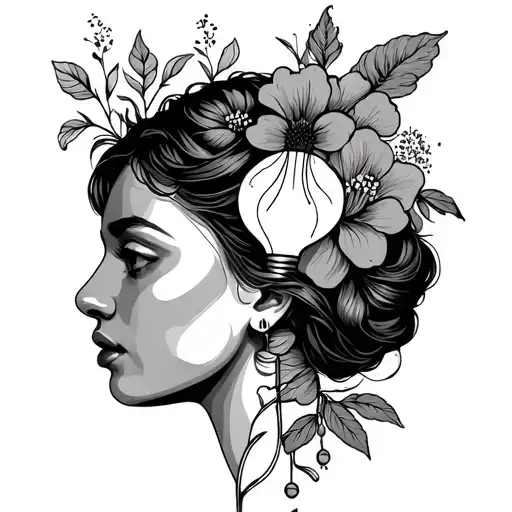 light bulb, flowers, lady head profile tattoo design idea